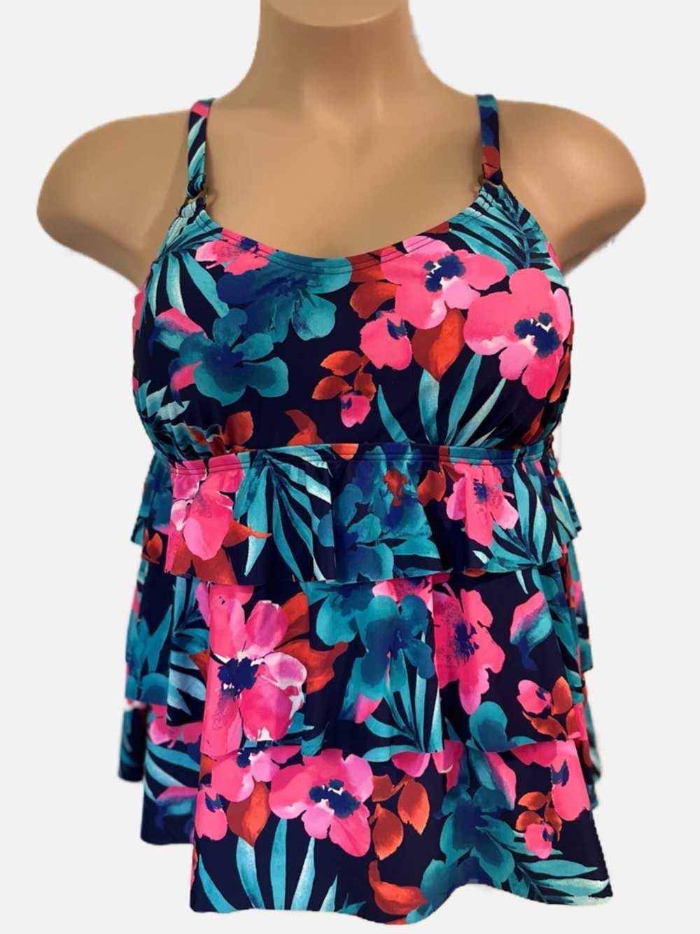 Island Escape Women’s Swimsuit Bathing Suit Floral Navy Tiered Tankini Top 18W